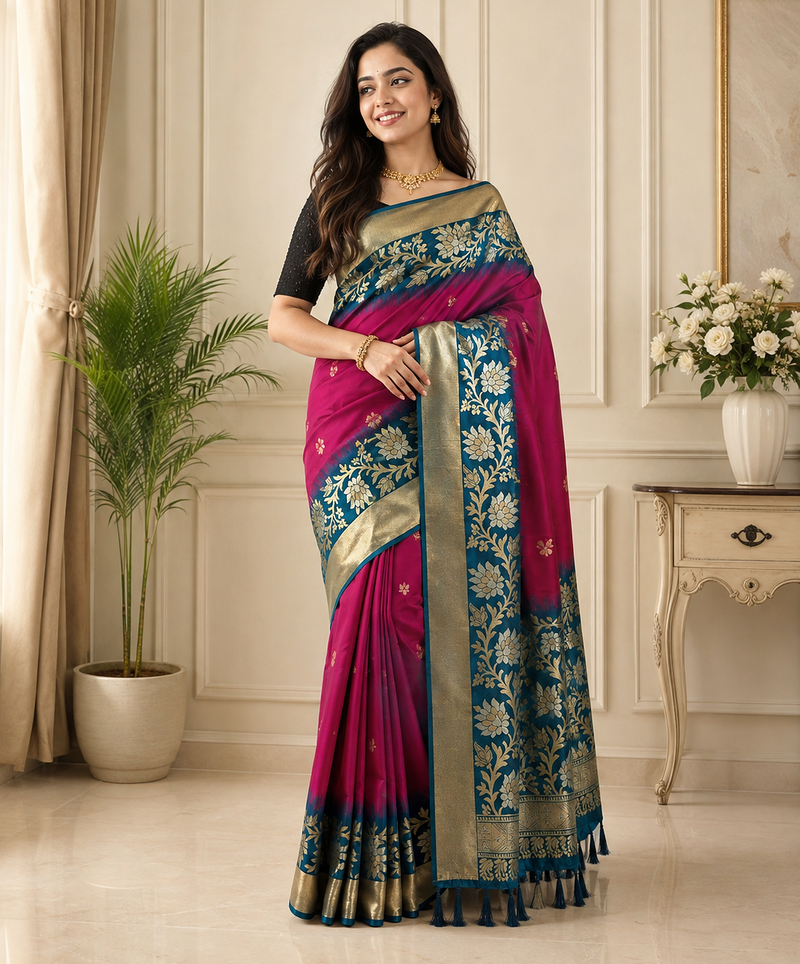 magenta color zari weaves contrast pallu and designer chaap border dual tone silk blend saree
