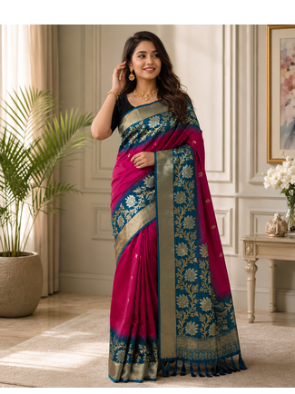 magenta color zari weaves contrast pallu and designer chaap border dual tone silk blend saree 2