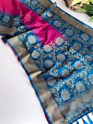 magenta color zari weaves contrast pallu and designer chaap border dual tone silk blend saree 3
