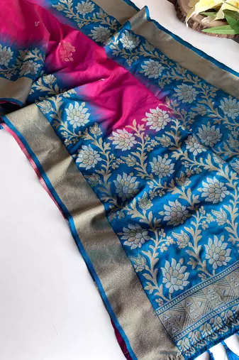 magenta color zari weaves contrast pallu and designer chaap border dual tone silk blend saree