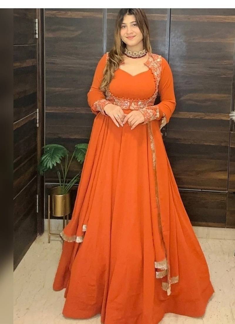 orange embroidery georgette full stitched anarkali suit 