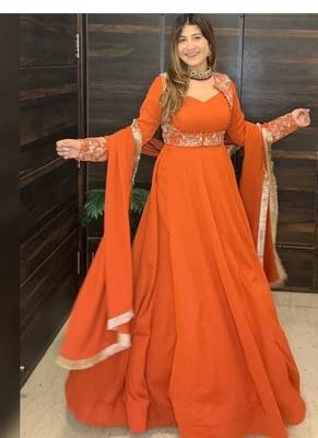 orange embroidery georgette full stitched anarkali suit  2
