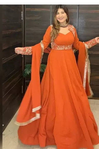 orange embroidery georgette full stitched anarkali suit 