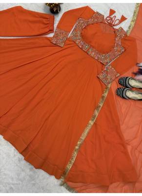 orange embroidery georgette full stitched anarkali suit  3