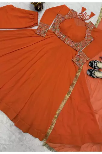 orange embroidery georgette full stitched anarkali suit 