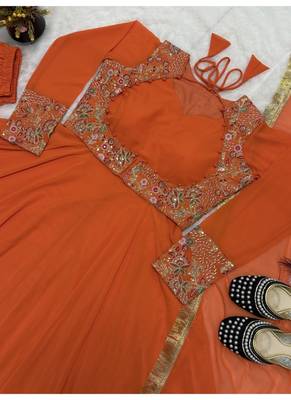 orange embroidery georgette full stitched anarkali suit  4