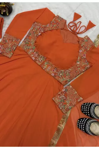 orange embroidery georgette full stitched anarkali suit 
