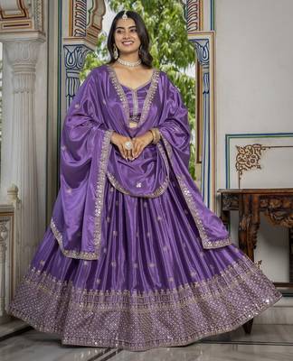 LAVENDER CHINON SILK PARTY WEAR EMBROIDERY ANARKALI LEHENGA CHOLI 1