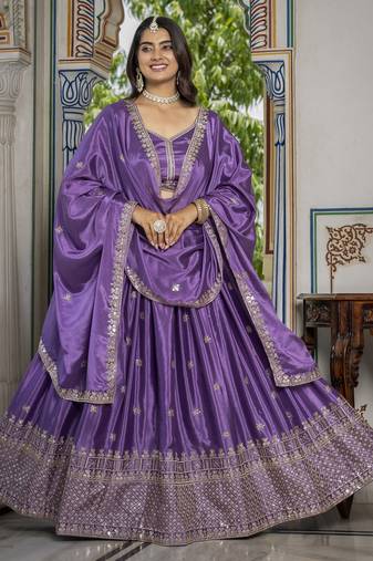 LAVENDER CHINON SILK PARTY WEAR EMBROIDERY ANARKALI LEHENGA CHOLI