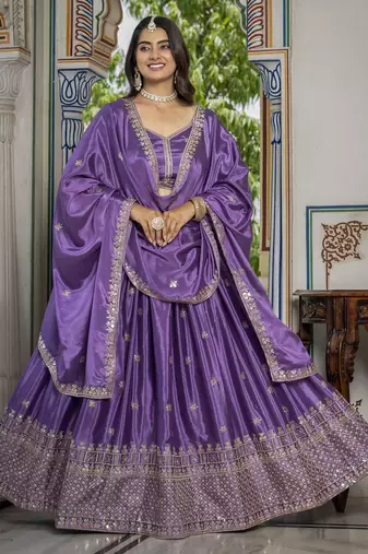 LAVENDER CHINON SILK PARTY WEAR EMBROIDERY ANARKALI LEHENGA CHOLI
