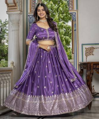 LAVENDER CHINON SILK PARTY WEAR EMBROIDERY ANARKALI LEHENGA CHOLI 2