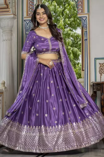 LAVENDER CHINON SILK PARTY WEAR EMBROIDERY ANARKALI LEHENGA CHOLI