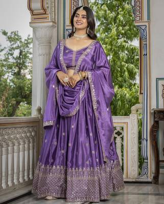 LAVENDER CHINON SILK PARTY WEAR EMBROIDERY ANARKALI LEHENGA CHOLI 3