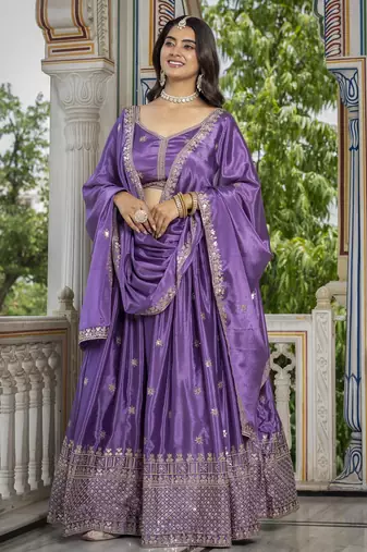 LAVENDER CHINON SILK PARTY WEAR EMBROIDERY ANARKALI LEHENGA CHOLI