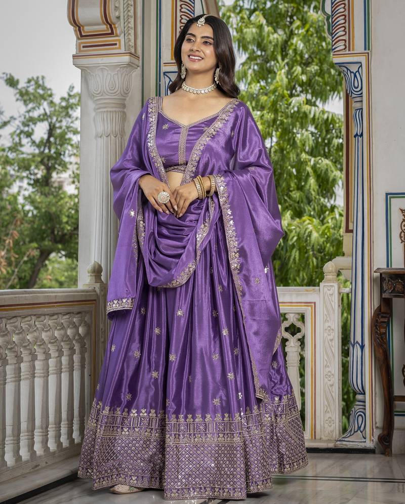 LAVENDER CHINON SILK PARTY WEAR EMBROIDERY ANARKALI LEHENGA CHOLI