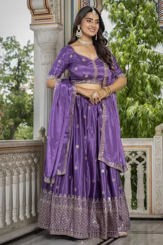 LAVENDER CHINON SILK PARTY WEAR EMBROIDERY ANARKALI LEHENGA CHOLI