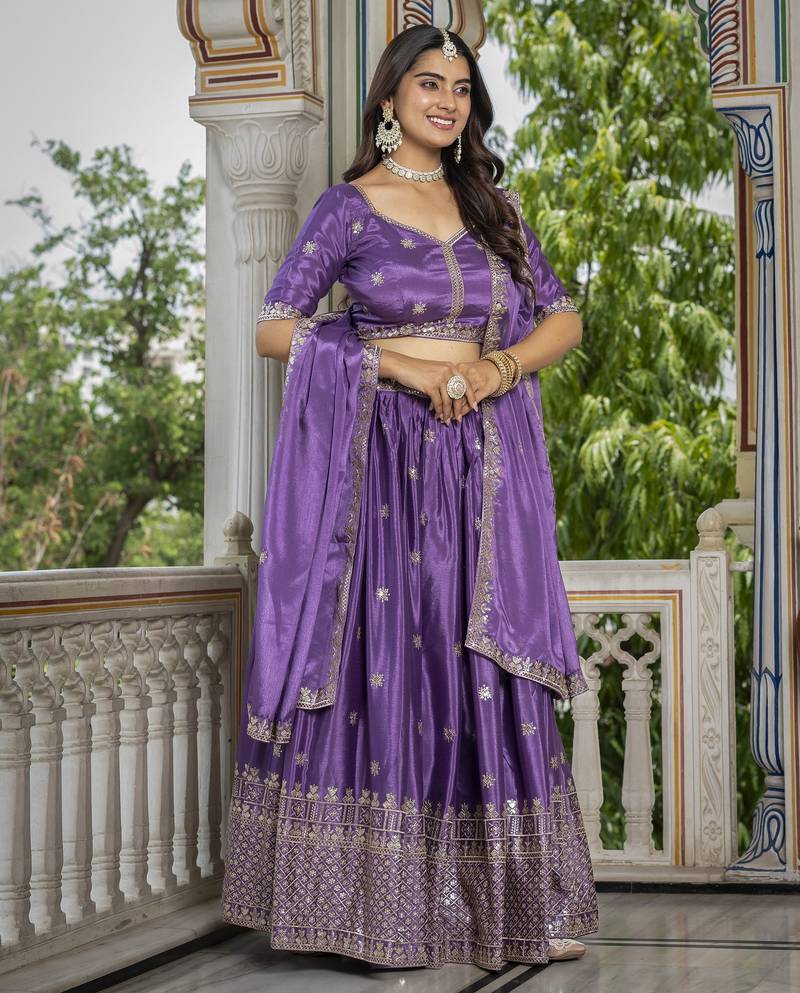 LAVENDER CHINON SILK PARTY WEAR EMBROIDERY ANARKALI LEHENGA CHOLI