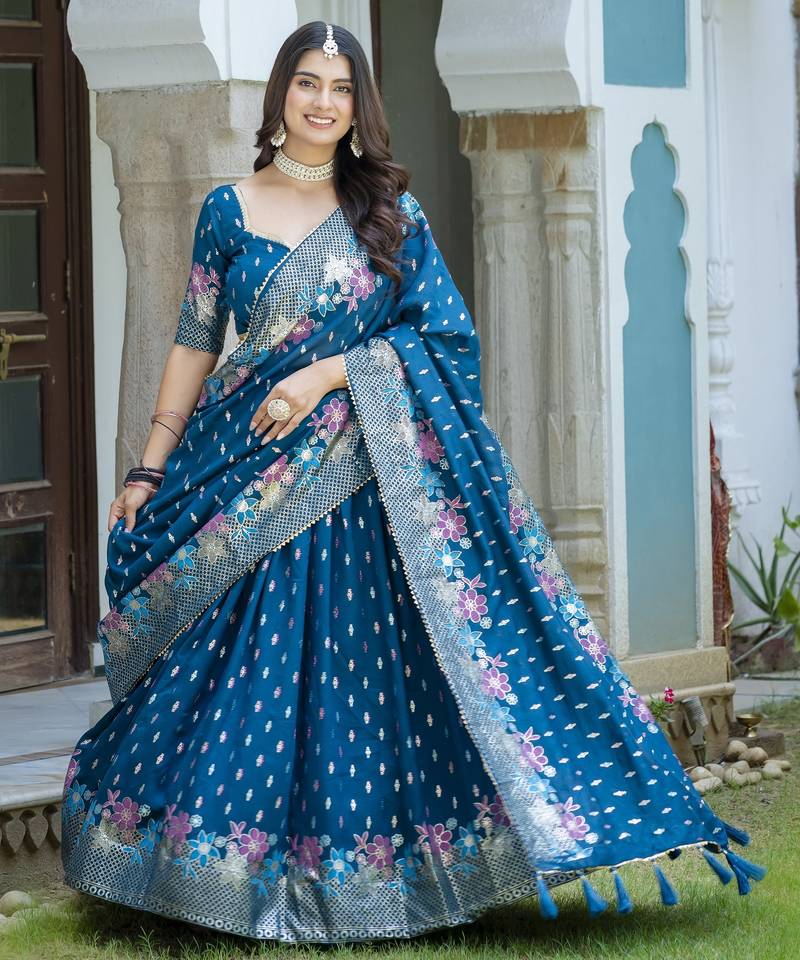 TEAL BLUE  VICHITRA SILK PARTY WEAR EMBROIDERY ANARKALI LEHENGA CHOLI