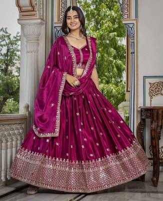 PINK CHINON SILK PARTY WEAR EMBROIDERY ANARKALI LEHENGA CHOLI 1