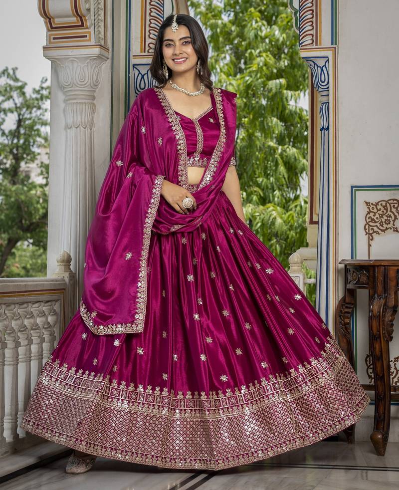 PINK CHINON SILK PARTY WEAR EMBROIDERY ANARKALI LEHENGA CHOLI