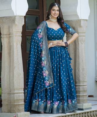 TEAL BLUE  VICHITRA SILK PARTY WEAR EMBROIDERY ANARKALI LEHENGA CHOLI 2