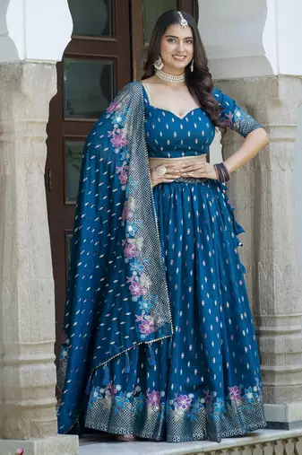 TEAL BLUE  VICHITRA SILK PARTY WEAR EMBROIDERY ANARKALI LEHENGA CHOLI