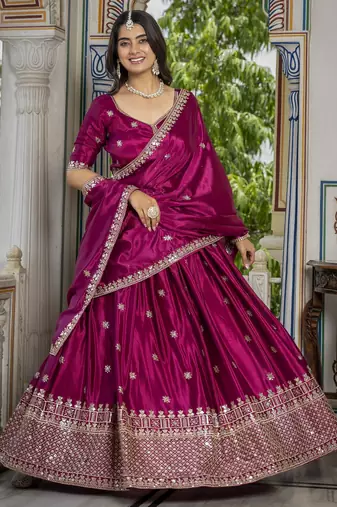 PINK CHINON SILK PARTY WEAR EMBROIDERY ANARKALI LEHENGA CHOLI