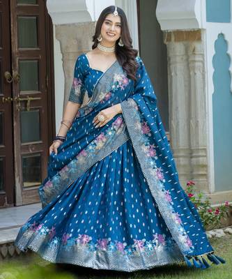 TEAL BLUE  VICHITRA SILK PARTY WEAR EMBROIDERY ANARKALI LEHENGA CHOLI 4