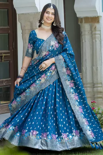 TEAL BLUE  VICHITRA SILK PARTY WEAR EMBROIDERY ANARKALI LEHENGA CHOLI