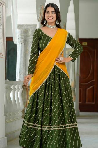 MEHENDI VICHITRA SILK PARTY WEAR EMBROIDERY ANARKALI LEHENGA CHOLI