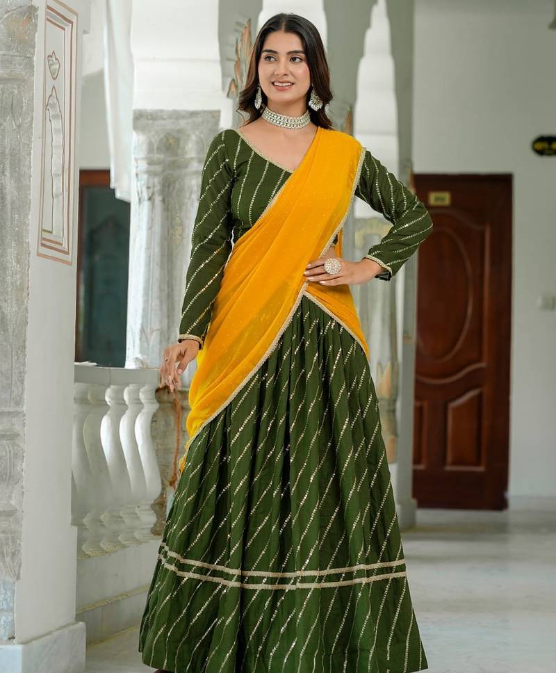 MEHENDI VICHITRA SILK PARTY WEAR EMBROIDERY ANARKALI LEHENGA CHOLI