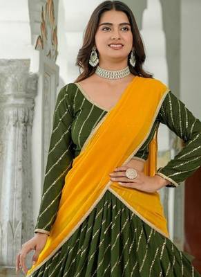 MEHENDI VICHITRA SILK PARTY WEAR EMBROIDERY ANARKALI LEHENGA CHOLI 2