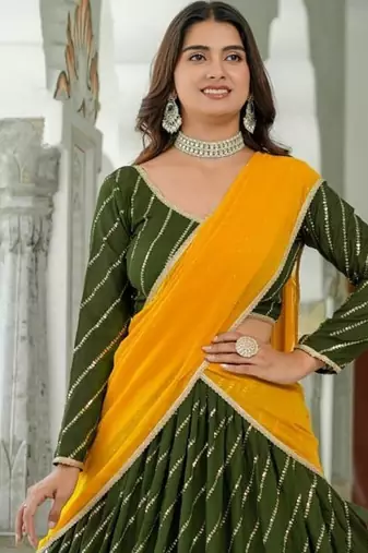 MEHENDI VICHITRA SILK PARTY WEAR EMBROIDERY ANARKALI LEHENGA CHOLI