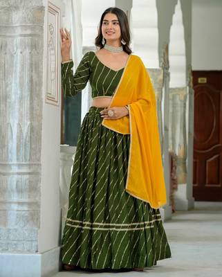 MEHENDI VICHITRA SILK PARTY WEAR EMBROIDERY ANARKALI LEHENGA CHOLI 3