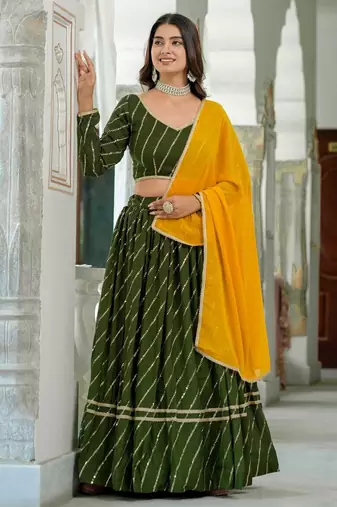 MEHENDI VICHITRA SILK PARTY WEAR EMBROIDERY ANARKALI LEHENGA CHOLI