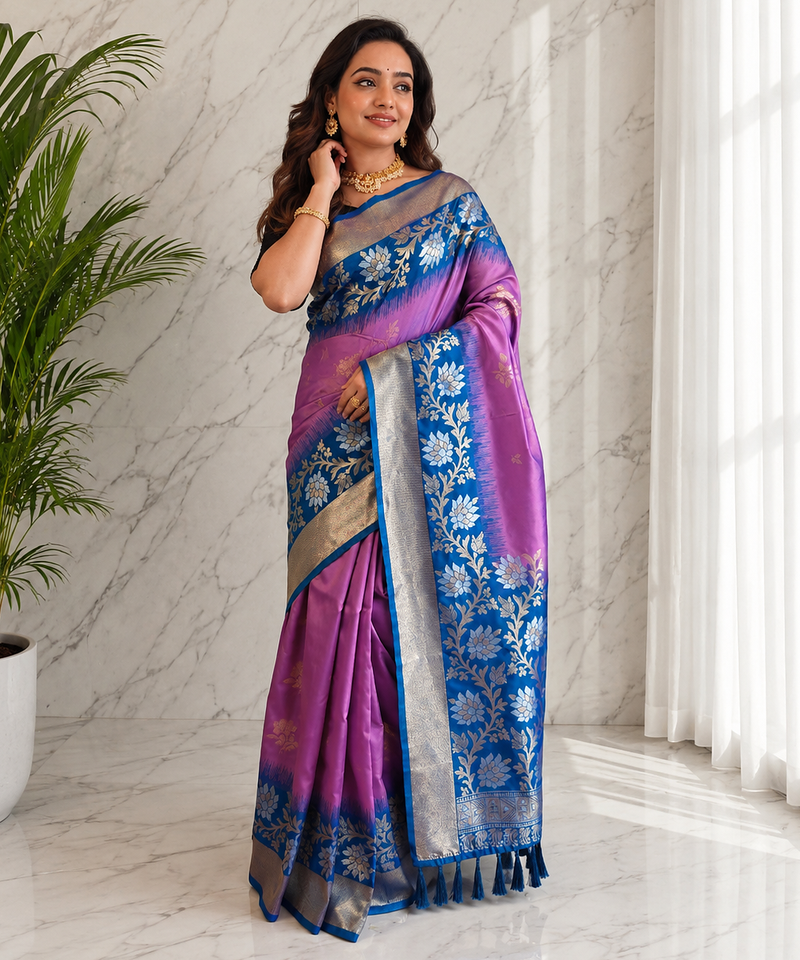 onion pink color zari weaves contrast pallu and designer chaap border dual tone silk blend saree