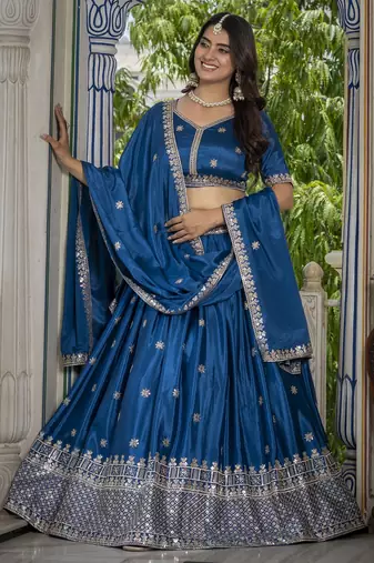 RAMA CHINON SILK PARTY WEAR EMBROIDERY ANARKALI LEHENGA CHOLI