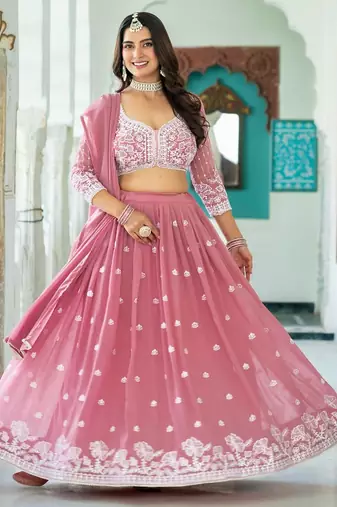 PINK Faux Georgette  PARTY WEAR EMBROIDERY ANARKALI LEHENGA CHOLI