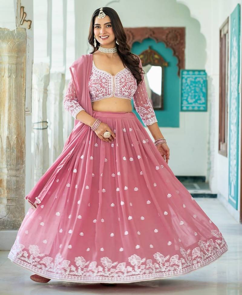 PINK Faux Georgette  PARTY WEAR EMBROIDERY ANARKALI LEHENGA CHOLI