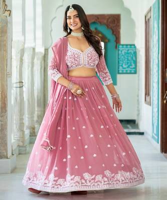 PINK Faux Georgette  PARTY WEAR EMBROIDERY ANARKALI LEHENGA CHOLI 2
