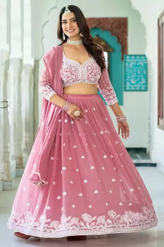 PINK Faux Georgette  PARTY WEAR EMBROIDERY ANARKALI LEHENGA CHOLI