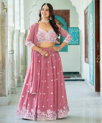 PINK Faux Georgette  PARTY WEAR EMBROIDERY ANARKALI LEHENGA CHOLI 3