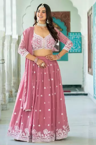 PINK Faux Georgette  PARTY WEAR EMBROIDERY ANARKALI LEHENGA CHOLI