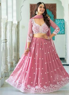 PINK Faux Georgette  PARTY WEAR EMBROIDERY ANARKALI LEHENGA CHOLI 4