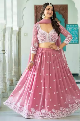PINK Faux Georgette  PARTY WEAR EMBROIDERY ANARKALI LEHENGA CHOLI
