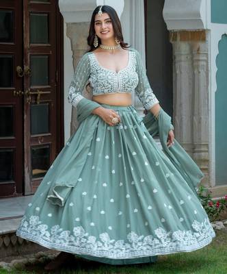 SEA GREEN  Faux Georgette  PARTY WEAR EMBROIDERY ANARKALI LEHENGA CHOLI 1