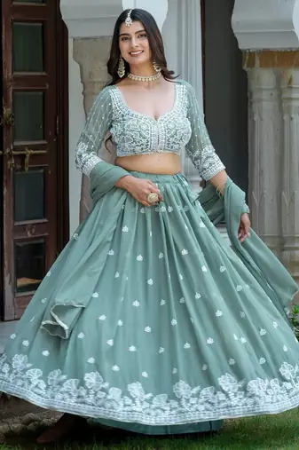 SEA GREEN  Faux Georgette  PARTY WEAR EMBROIDERY ANARKALI LEHENGA CHOLI