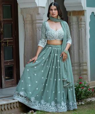 SEA GREEN  Faux Georgette  PARTY WEAR EMBROIDERY ANARKALI LEHENGA CHOLI 2