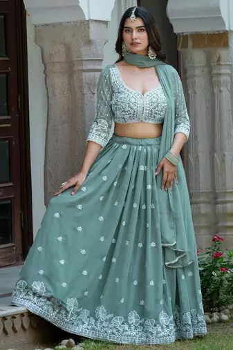 SEA GREEN  Faux Georgette  PARTY WEAR EMBROIDERY ANARKALI LEHENGA CHOLI