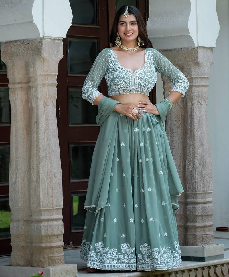 SEA GREEN  Faux Georgette  PARTY WEAR EMBROIDERY ANARKALI LEHENGA CHOLI